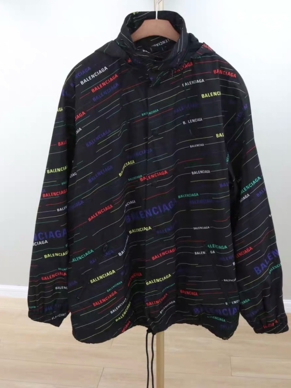 Balenciaga Black Windbreaker with Multicolor Logo Stripe Print